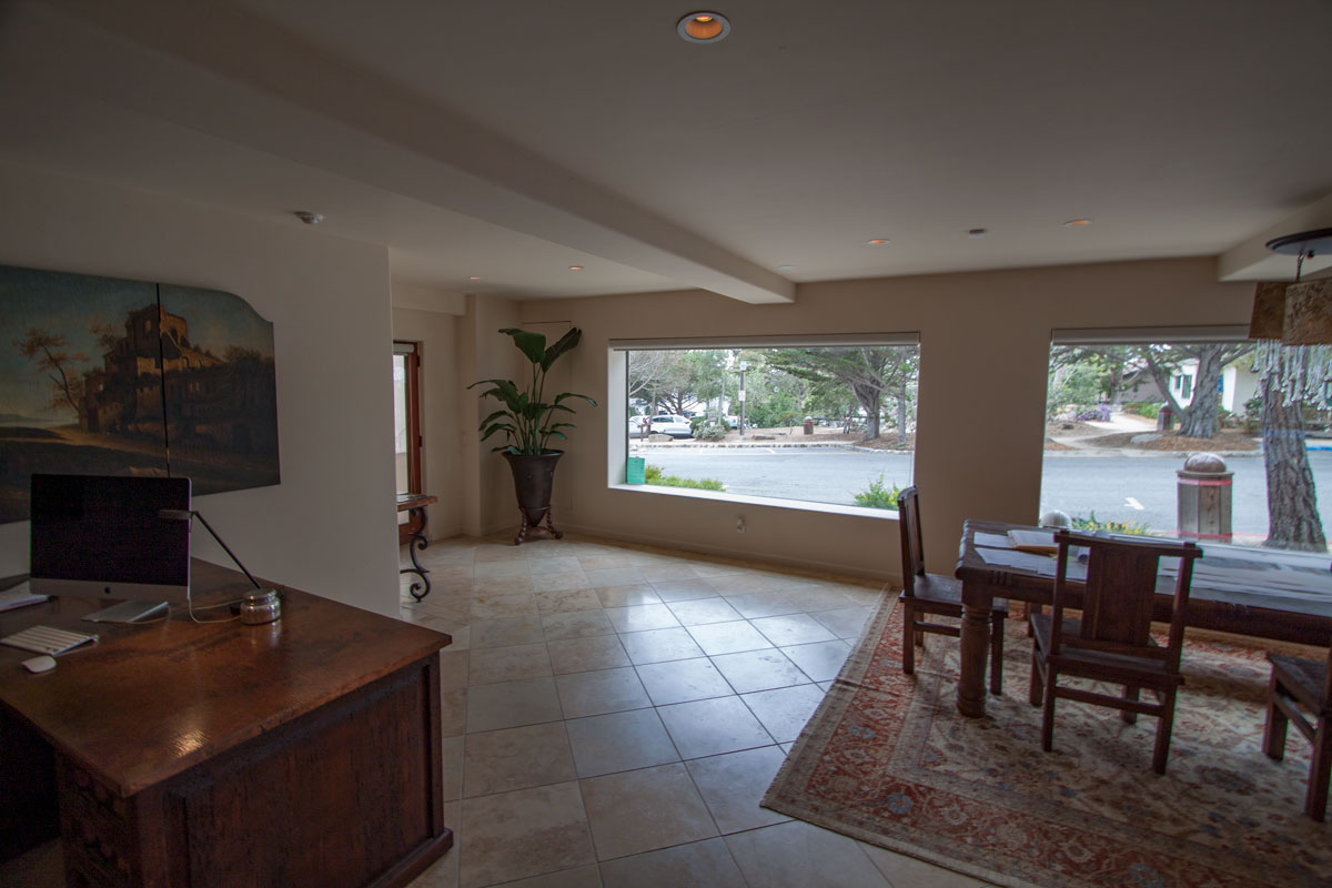 Desk area with park outlook across street.