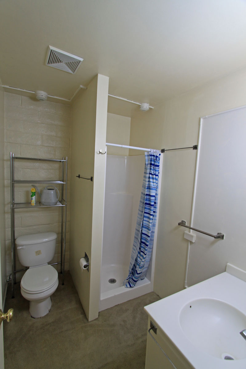 Bathroom between bedroom and living room.
