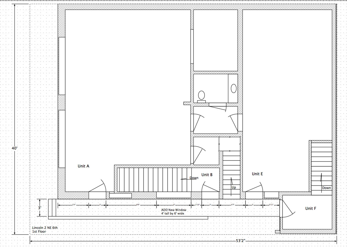 Ground-floor plan: Unit A (left) and Unit E (right).