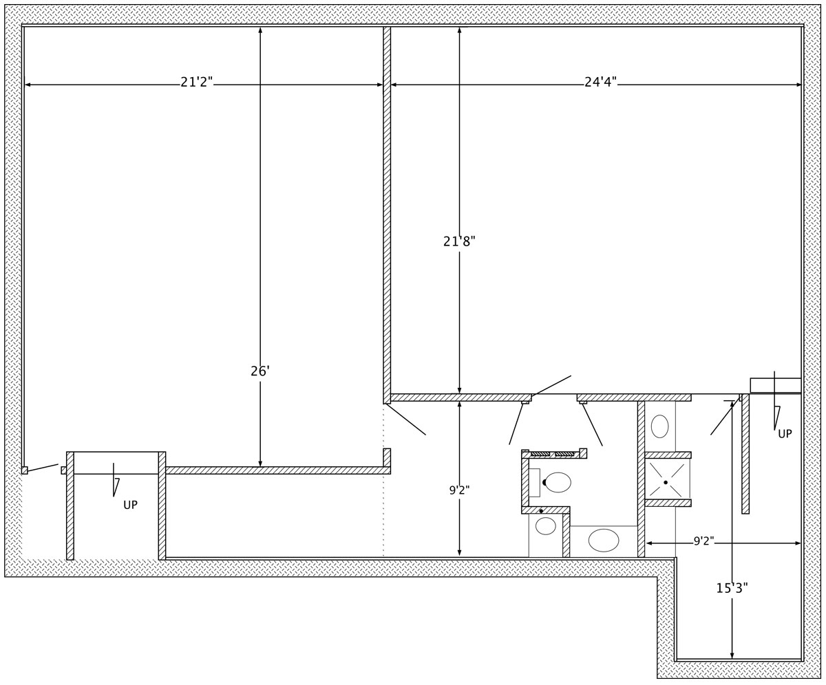 Lower-level plan—Unit B (left) & Unit F (right).