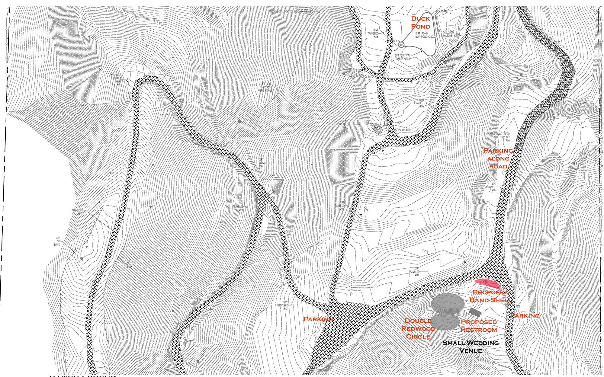 Middle third — redwood grove & small venue